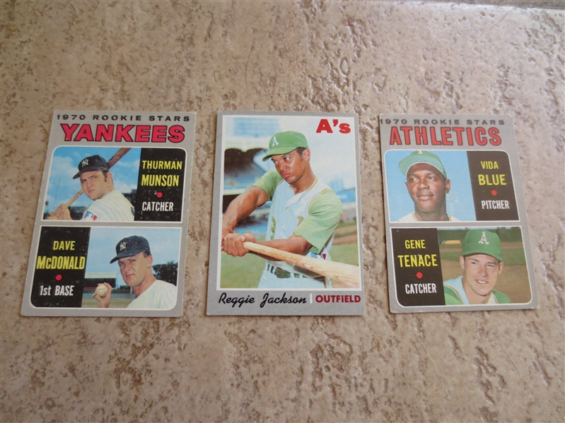 (3) 1970 Topps Thurman Munson rookie, Reggie Jackson, and Vida Blue rookie baseball cards