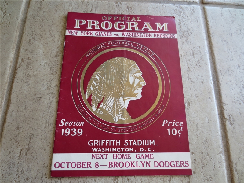 October 1, 1939 New York Giants at Washington Redskins football program