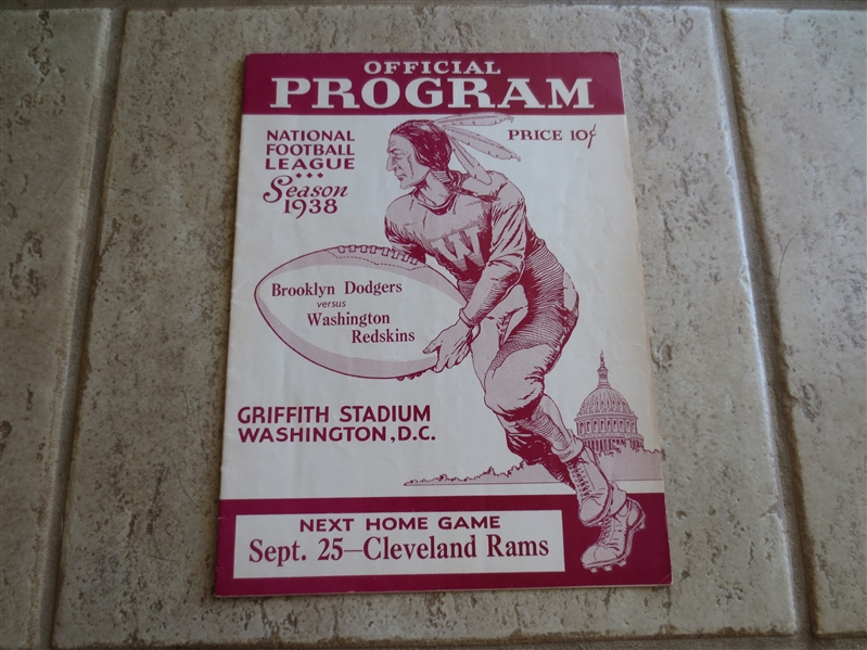 9-18-1938 Brooklyn Dodgers at Washington Redskins football program in very nice shape