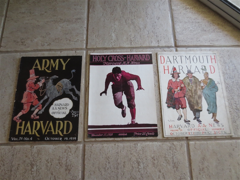(3) 1928 and 1929 Harvard University football home programs  with beautiful covers vs. Dartmouth, Army, Holy Cross