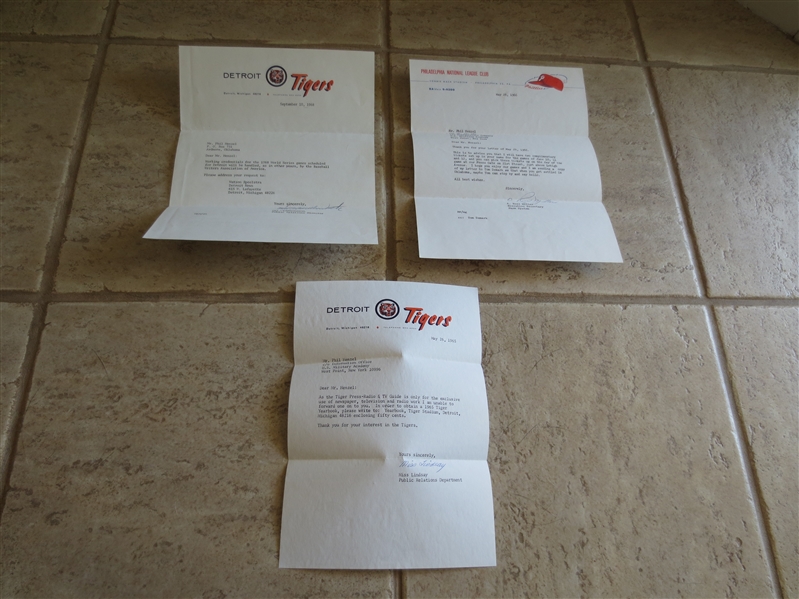 (3) 1960's Detroit Tigers and Philadelphia Phillies letters, letterheads, and envelopes 