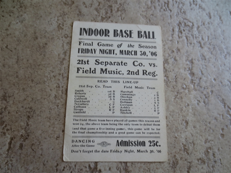 1906 Base Ball Championship Scorecard/ticket  21st Separate Co. vs. Field Music, 2nd Reg.