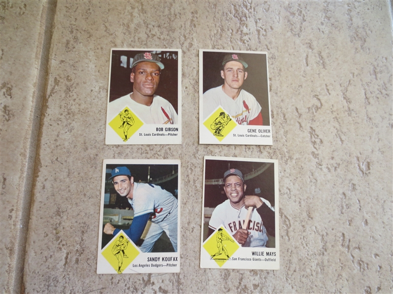 (4) 1963 Fleer baseball cards:  Sandy Koufax, Willie Mays, Bob Gibson, Oliver in nice condition