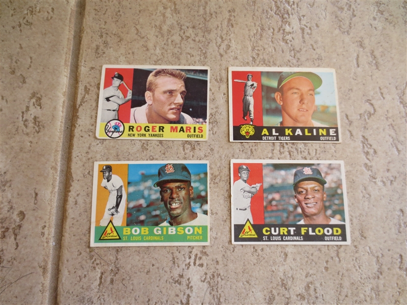 (4) 1960 Topps Superstar baseball cards:  Maris, Kaline, Gibson, Flood