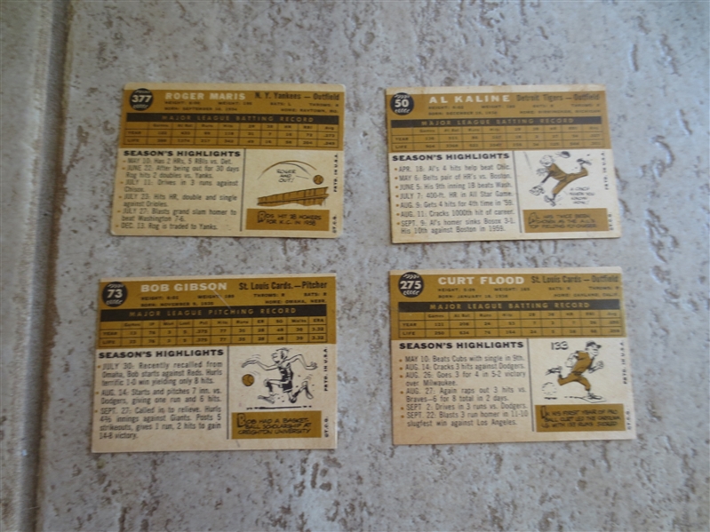 (4) 1960 Topps Superstar baseball cards:  Maris, Kaline, Gibson, Flood