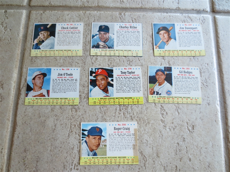 (7) 1963 Post Cereal Baseball cards including Gil Hodges and toughies Chuck Cottier and Roger Craig