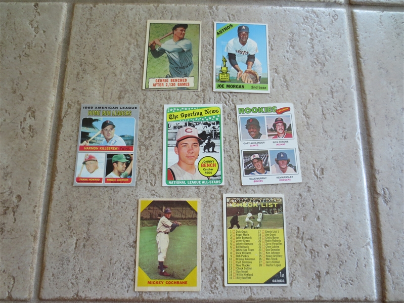 (7) vintage baseball cards including Gehrig, Morgan rookie, Bench, Reggie, and Dale Murphy rookie