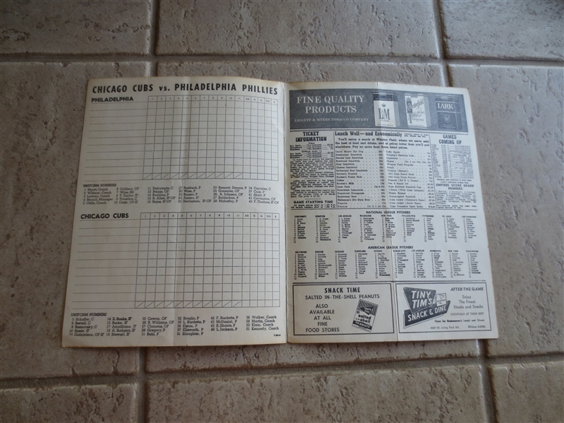 1964 Philadelphia Phillies at Chicago Cubs unscored baseball program