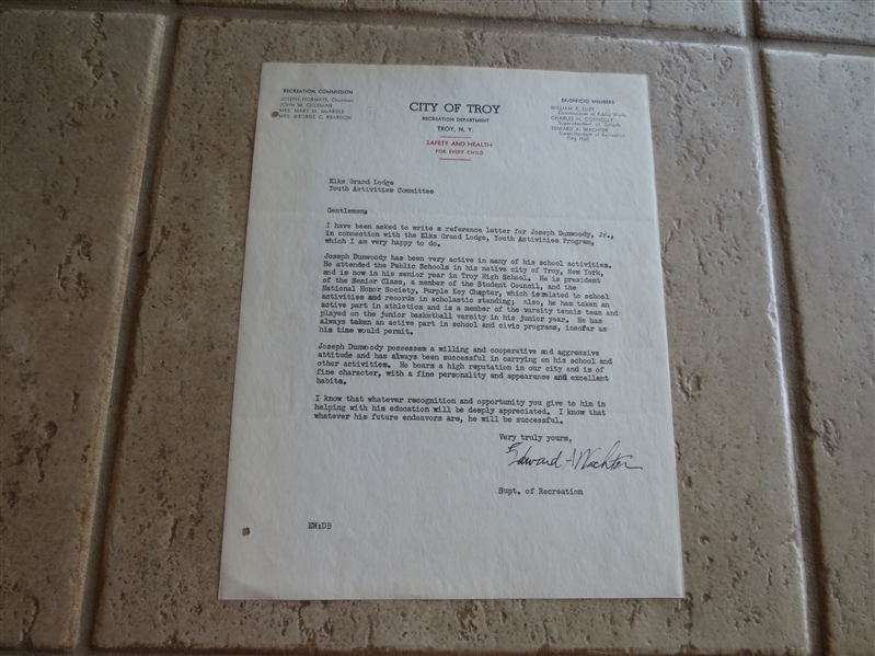 Autographed Ed Wachter Basketball Hall of Famer undated letter First Pro Big Man, died 1966