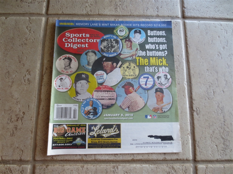 January 8, 2010 Sports Collectors Digest Mickey Mantle button checklist issue