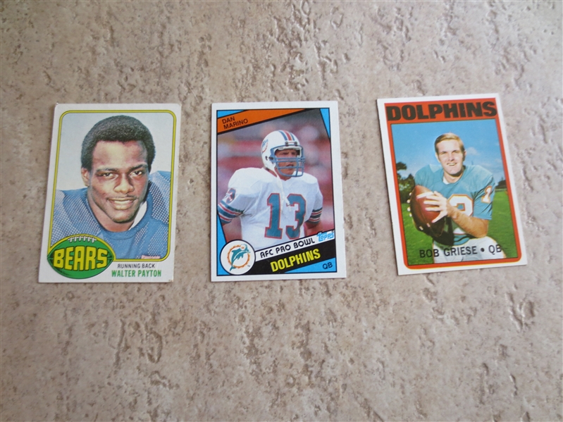 1976 Topps Walter Payton rookie + 1984 Topps Dan Marino rookie + 1972 Bob Griese football cards