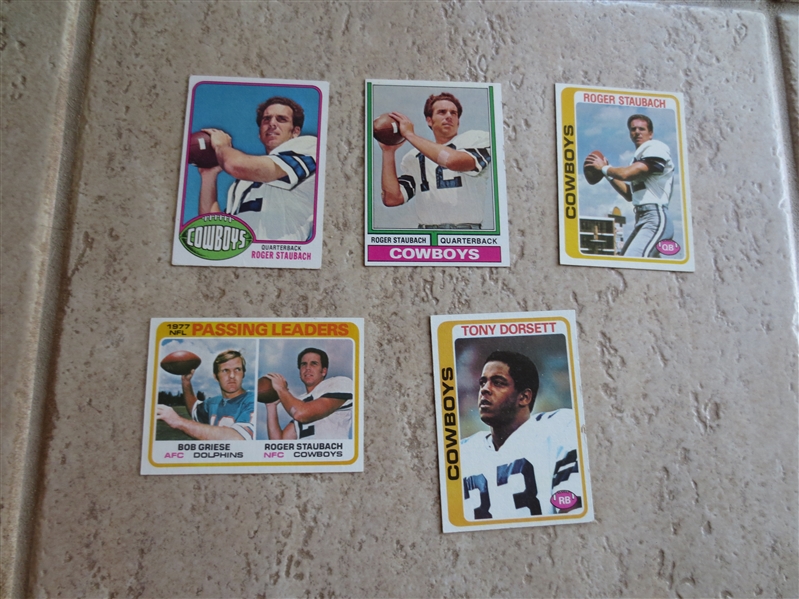 (5) different 1970's Topps football cards of Roger Staubach and Tony Dorsett (including his rookie)