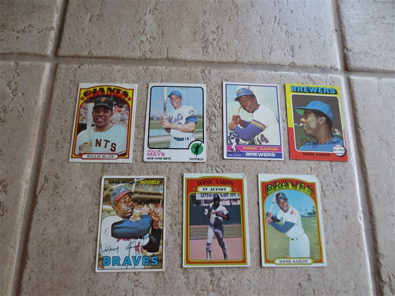 (7) vintage baseball cards of Willie Mays and Hank Aaron in affordable condition