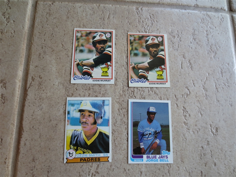 (2) 1978 Topps Eddie Murray rookie baseball cards + 1979 Ozzie Smith rookie + George Bell rookie