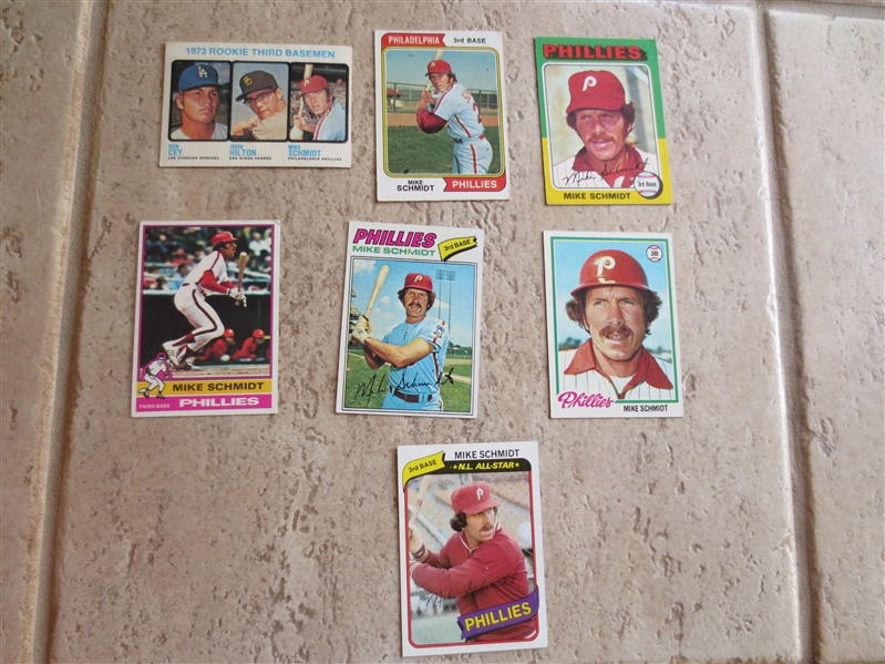 (7) different Mike Schmidt baseball cards including 1973 rookie 