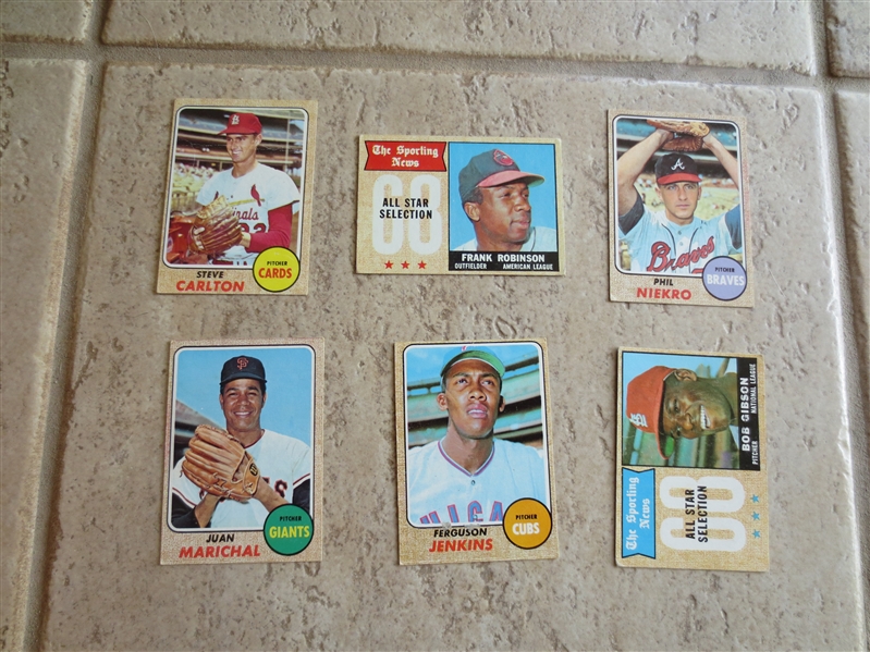 (6) 1968 Topps Hall of Famer baseball cards:  Carlton, Robinson, Niekro, Marichal, Jenkins, Gibson