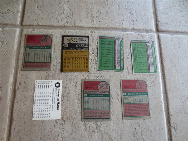 (7) vintage baseball cards of Superstars:  Bench, Morgan, Perez, Foster, Munson, Winfield