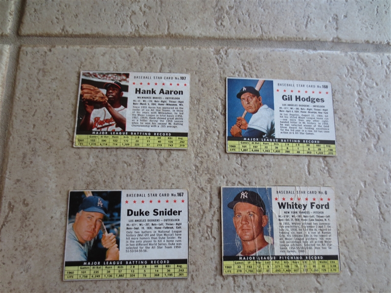 (4) 1961 Post Cereal Baseball Cards of Hall of Famers:  Aaron, Snider, Ford, Hodges in affordable condition