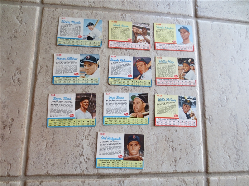 (10) different 1962 Post Cereal Baseball Cards of Superstars including Mantle, Koufax, Mays, Aaron