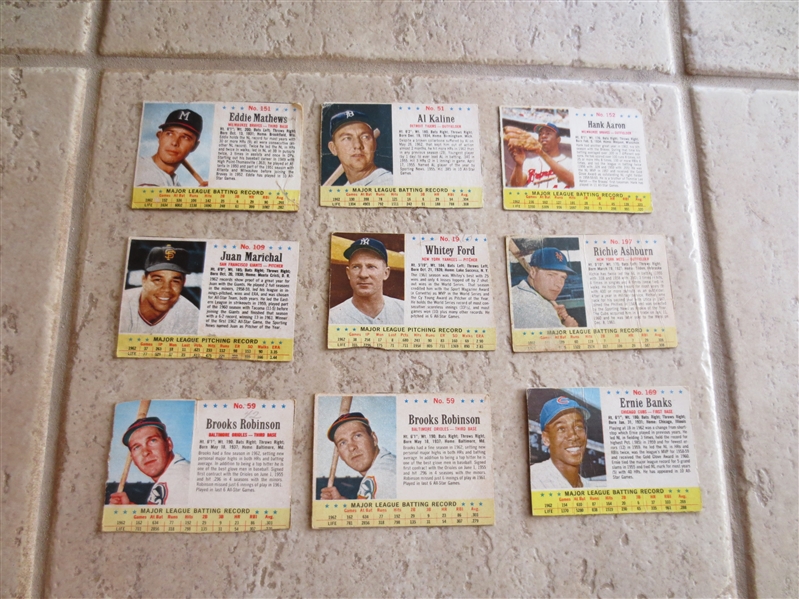 (9) 1963 Post Cereal baseball cards of Hall of Famers in affordable condition