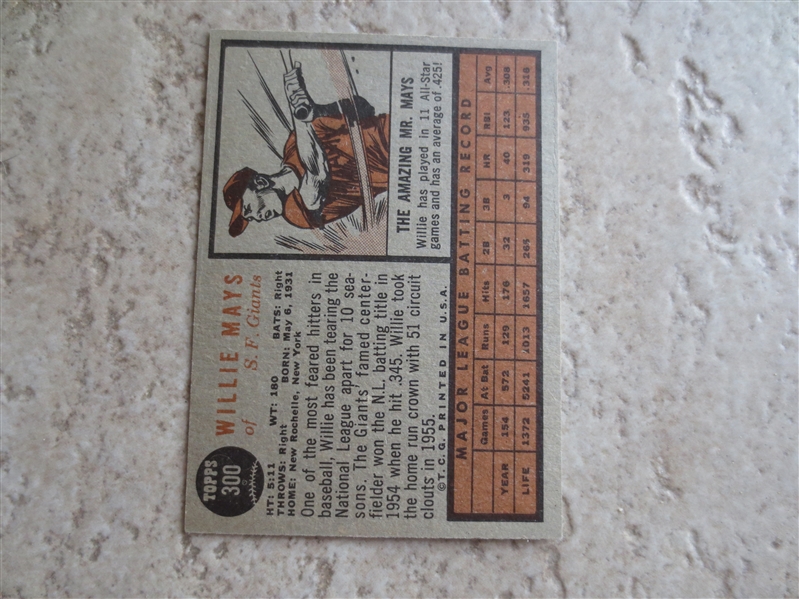 1962 Topps Willie Mays baseball card in nice condition #300