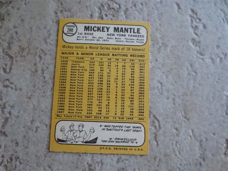 1968 Topps Mickey Mantle baseball card #280 in very nice condition
