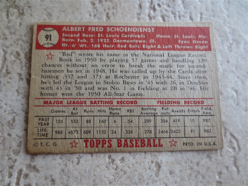 1952 Topps Al Schoendienst baseball card #91  Hall of Famer