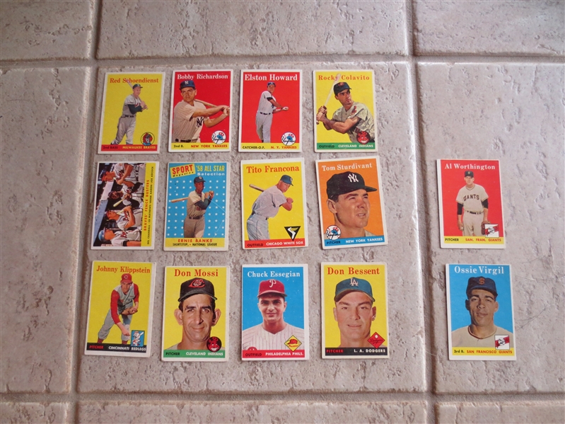 (14) 1958 Topps baseball cards including Banks, Fence Busters, Howard, Richardson, Colavito, Schoendienst