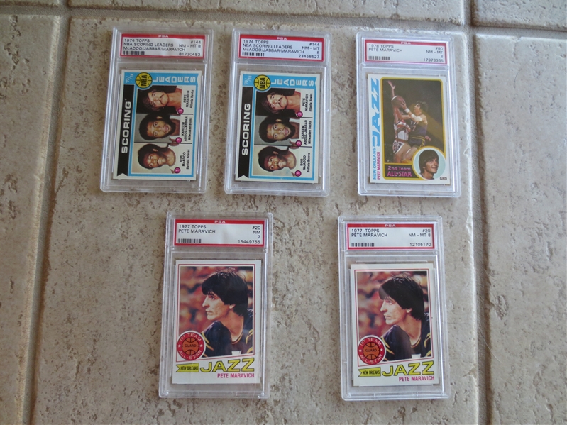 (5) Pete Maravich PSA 8 and PSA 7 basketball cards 