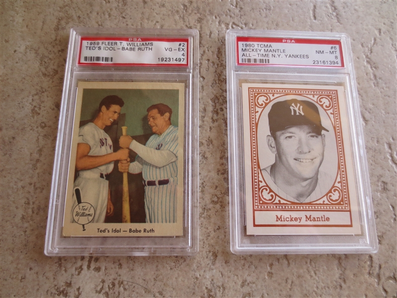 1959 Fleer Ted Williams Ted's Idol-Babe Ruth PLUS 1980 TCMA Mickey Mantle---both PSA graded