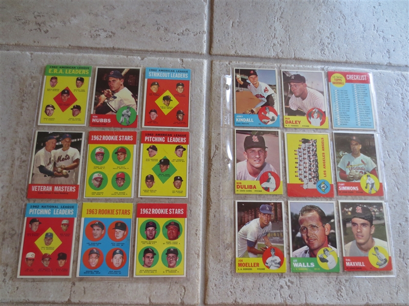 (90) 1963 Topps baseball cards with rookie stars, leaders, and checklists in very nice condition