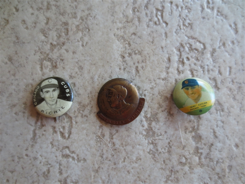 (3) Early Baseball Pins: Sweet Caporal P2, Orbit Gum Cuyler, and Dizzy Dean