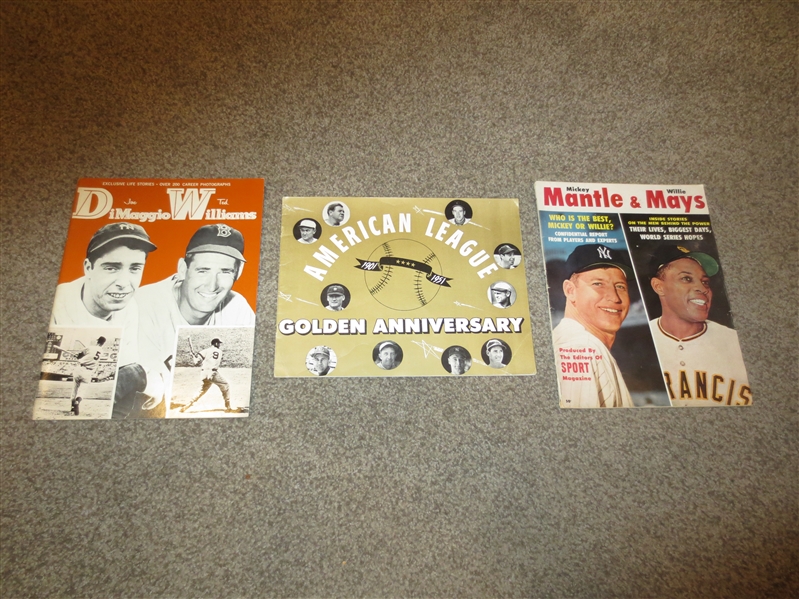 (3) vintage baseball publications with Hall of Famer covers  Ruth, Cobb, Mantle, DiMaggio