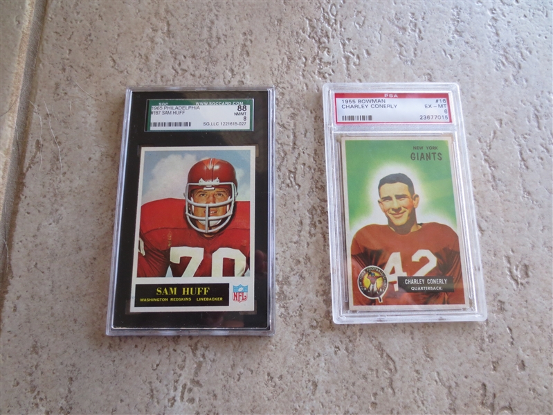 1965 Philadelphia Sam Huff SGC 88 & 1955 Bowman Charley Conerly PSA 6 football cards