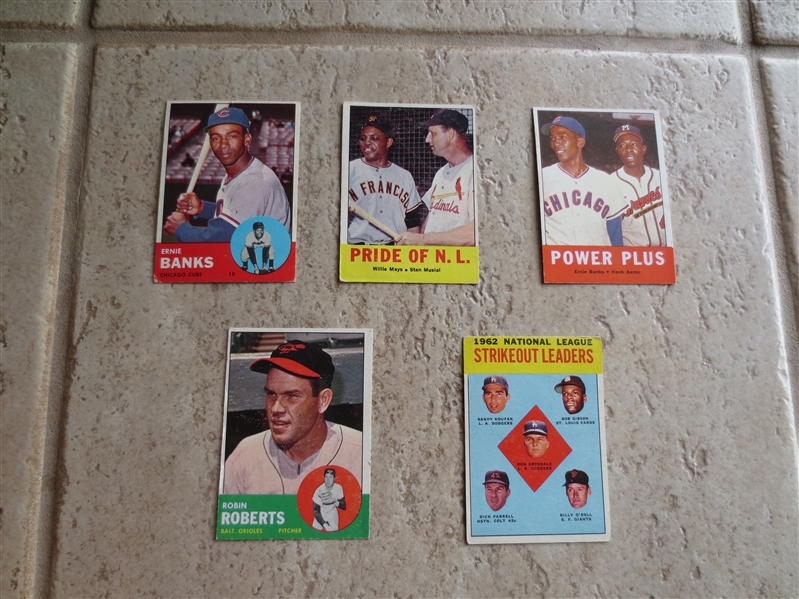 (5) 1963 Topps Superstar baseball cards:  Koufax, Mays, Musial, Aaron, Banks, Roberts in affordable condition