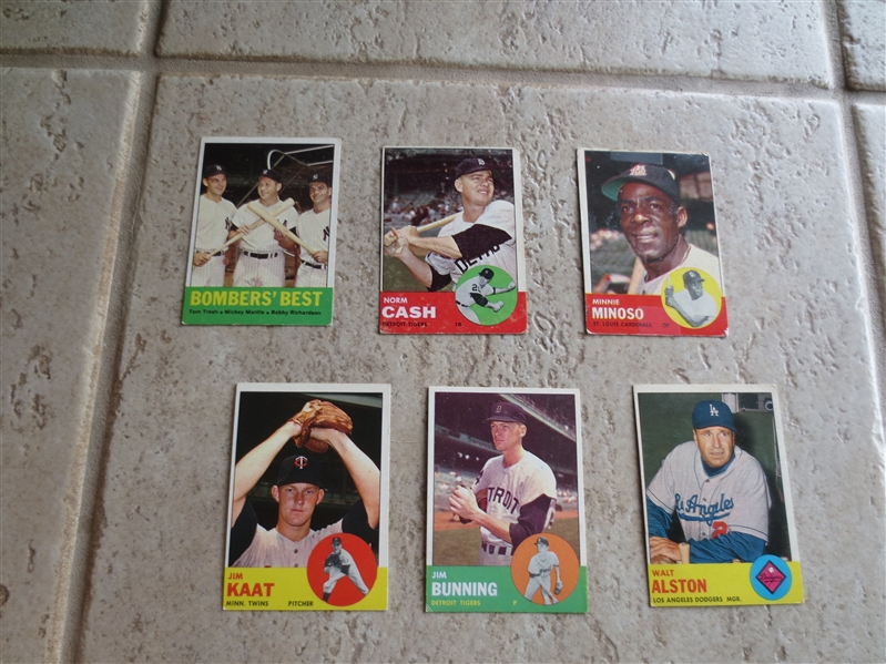 (6) 1963 Topps star baseball cards in affordable condition including Mantle, Bunning and Alston