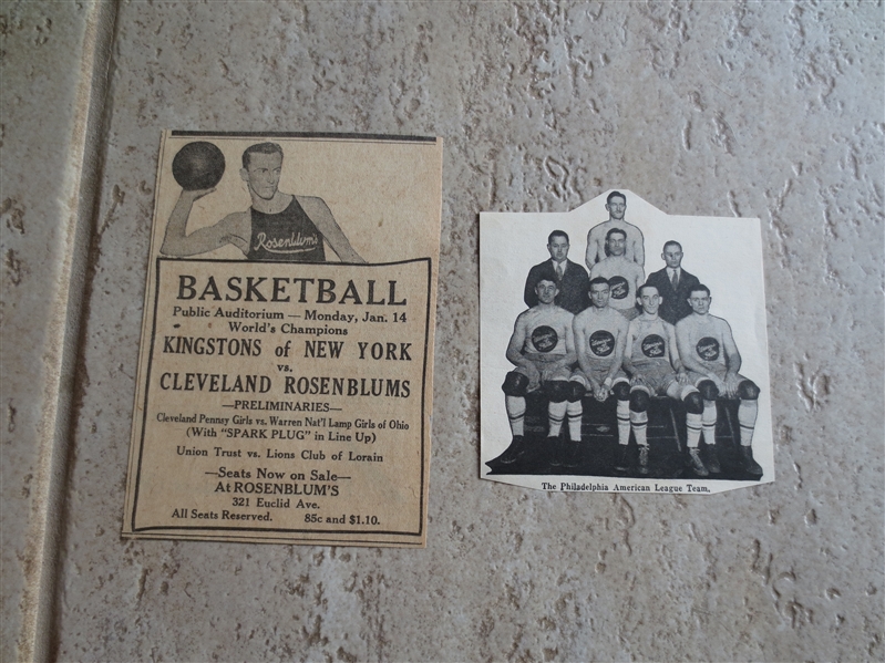 1920's Original ABL American Basketball League Cut-outs of Cleveland Rosenblums, Philadelphia Warriors, and Kingstons
