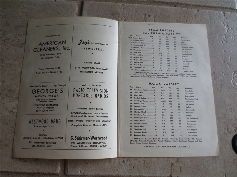 1949 CAL and Stanford at UCLA basketball program with scorekeeper sheet!  Wooden's 1st year!