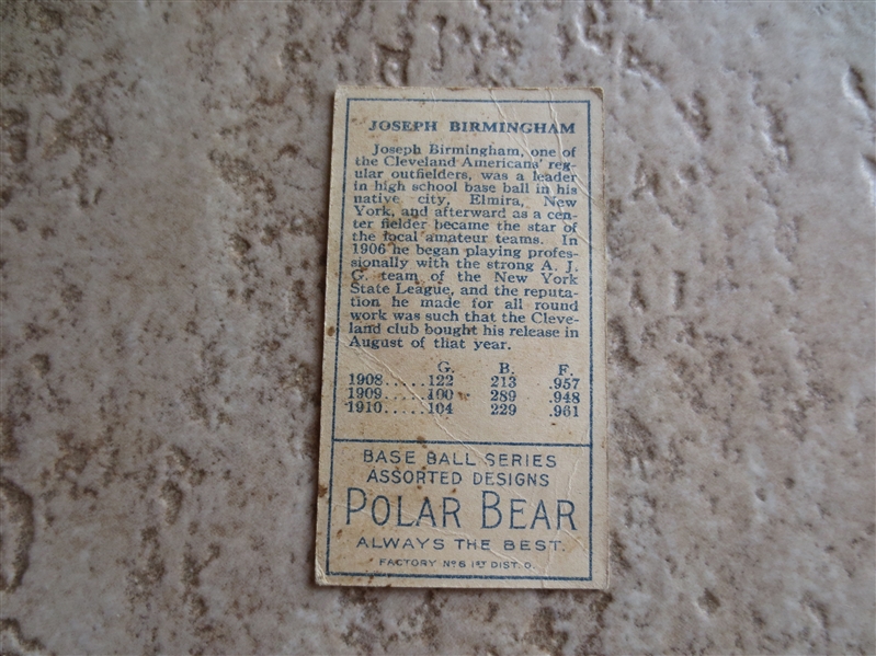 1911 T205 Gold Border Birmingham baseball card with Factory #6 Polar Bear back
