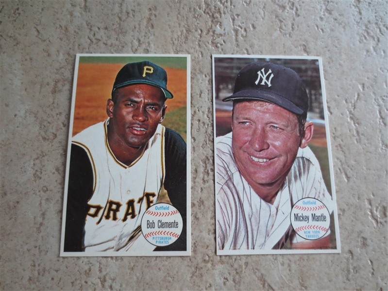 1964 Topps Giants Mickey Mantle and Roberto Clemente baseball cards in beautiful condition