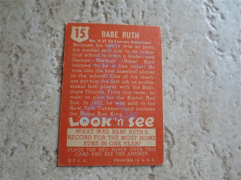 1954 Look 'n See Babe Ruth baseball card #15 in nice condition--- RARE!