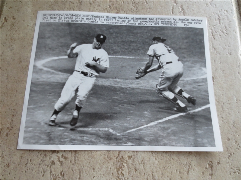 1961 Mickey Mantle Scores vs. LA Angels Wire Photo by UPI 