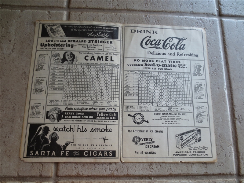 1939 Hollywood Stars at Los Angeles Angels Pacific Coast League PCL unscored program/scorecard