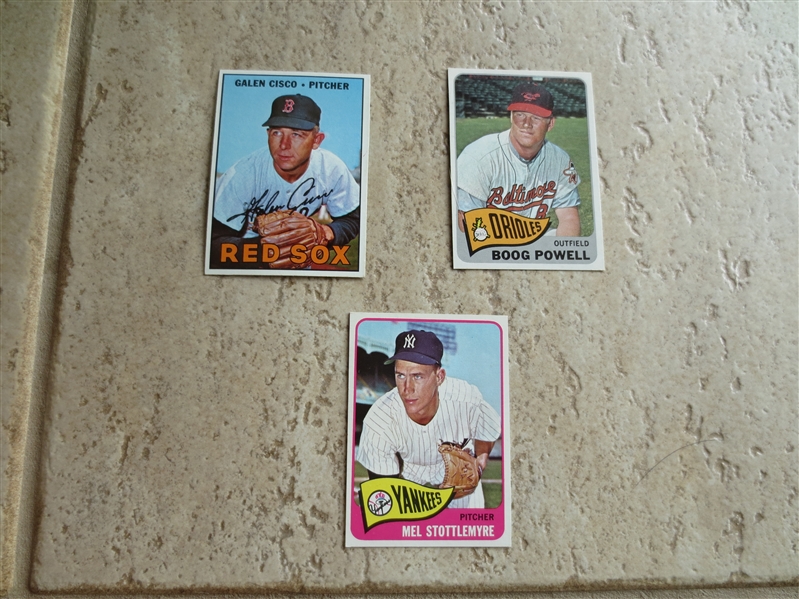 1965 Topps Mel Stottlemyre rookie,  1967 Topps High Number #596  1965 Topps Boog Powell baseball cards in very nice shape