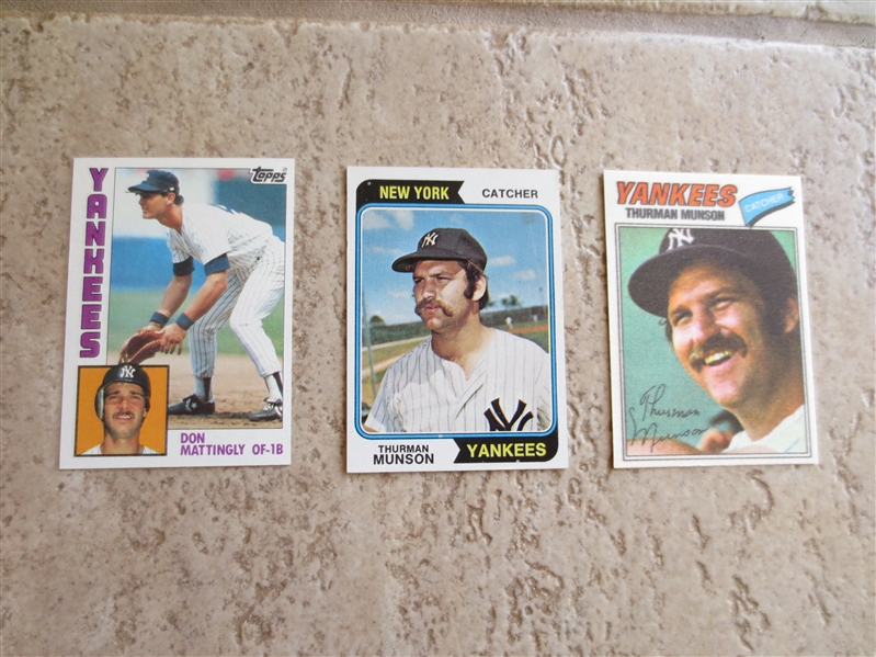 Three different baseball cards of New York Yankee Greats Thurman Munson and a Don Mattingly rookie card