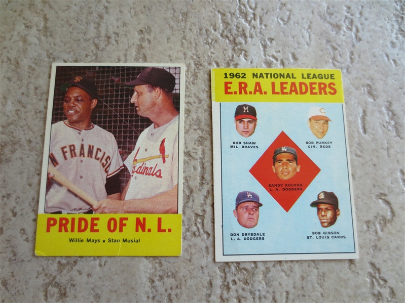1963 Topps Pride of N.L. Mays/Musial PLUS ERA Leaders Koufax/Gibson/Drysdale baseball cards