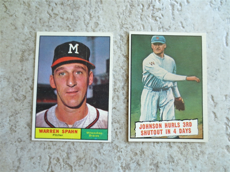 1961 Topps Warren Spahn PLUS 1961 Topps Walter Johnson baseball cards