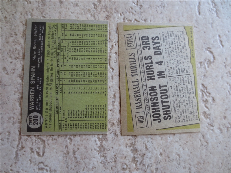 1961 Topps Warren Spahn PLUS 1961 Topps Walter Johnson baseball cards