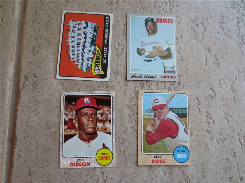 1968 Topps Bob Gibson, 1970 Topps Hank Aaron, and 1965 Topps Yankee team in beautiful condition AND 1968 Pete Rose in vg-ex baseball cards