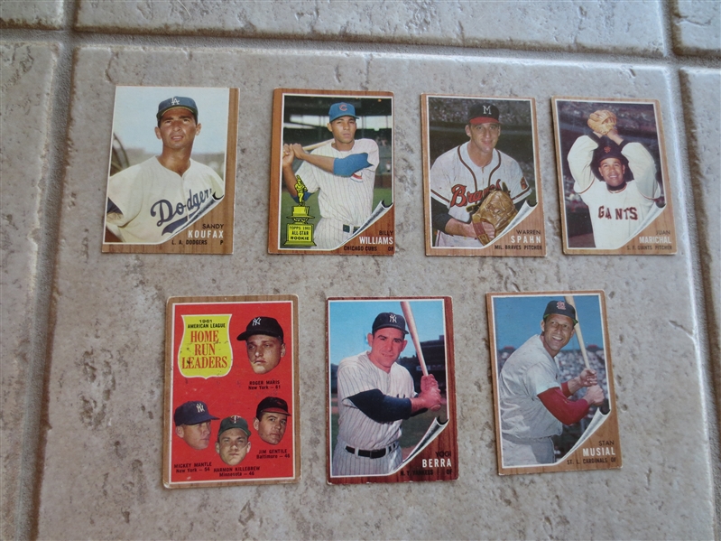 (7) different 1962 Topps Hall of Famer baseball cards with Koufax and Mantle in affordable condition!